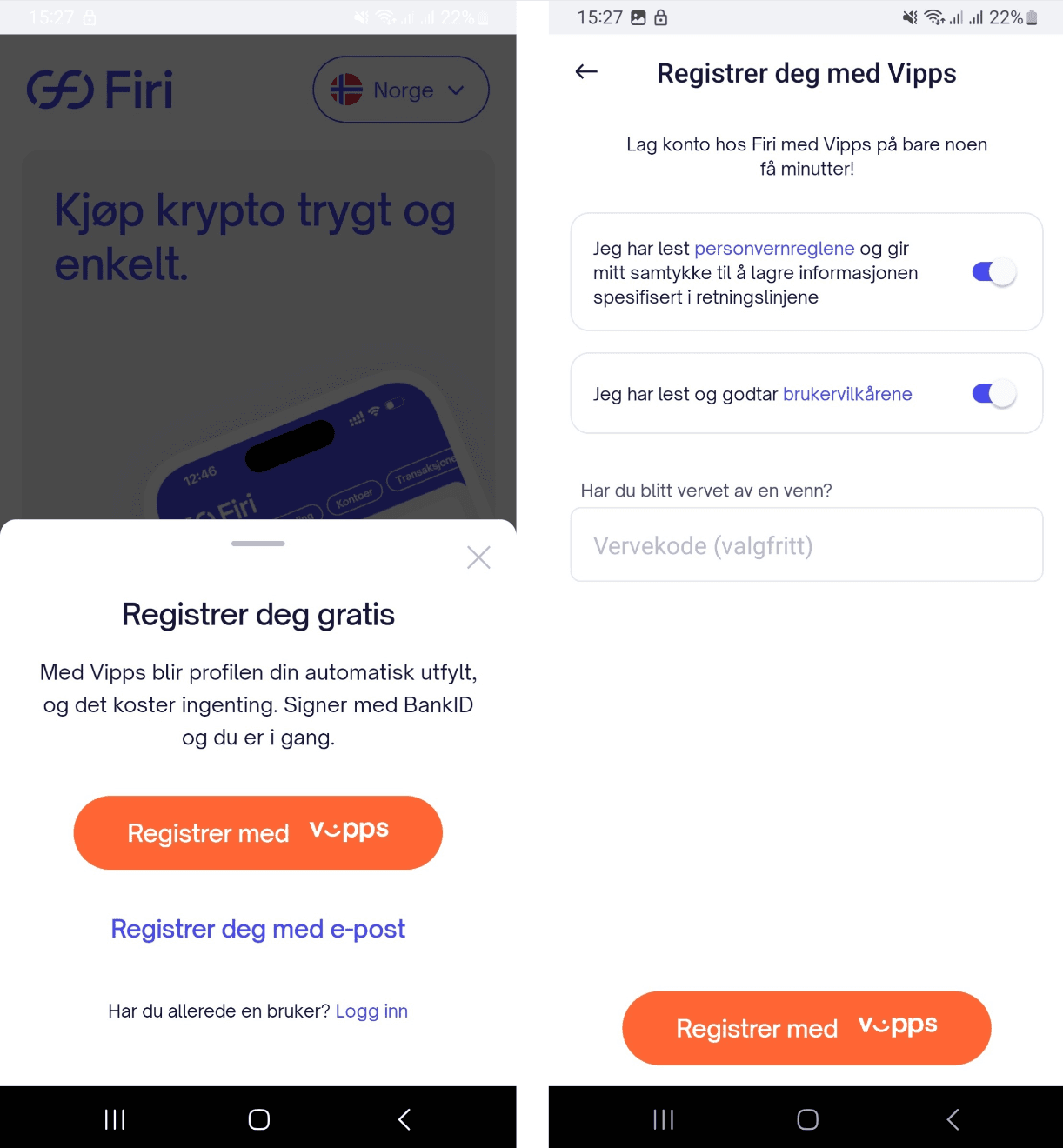 Lage konto hos Firi med Vipps