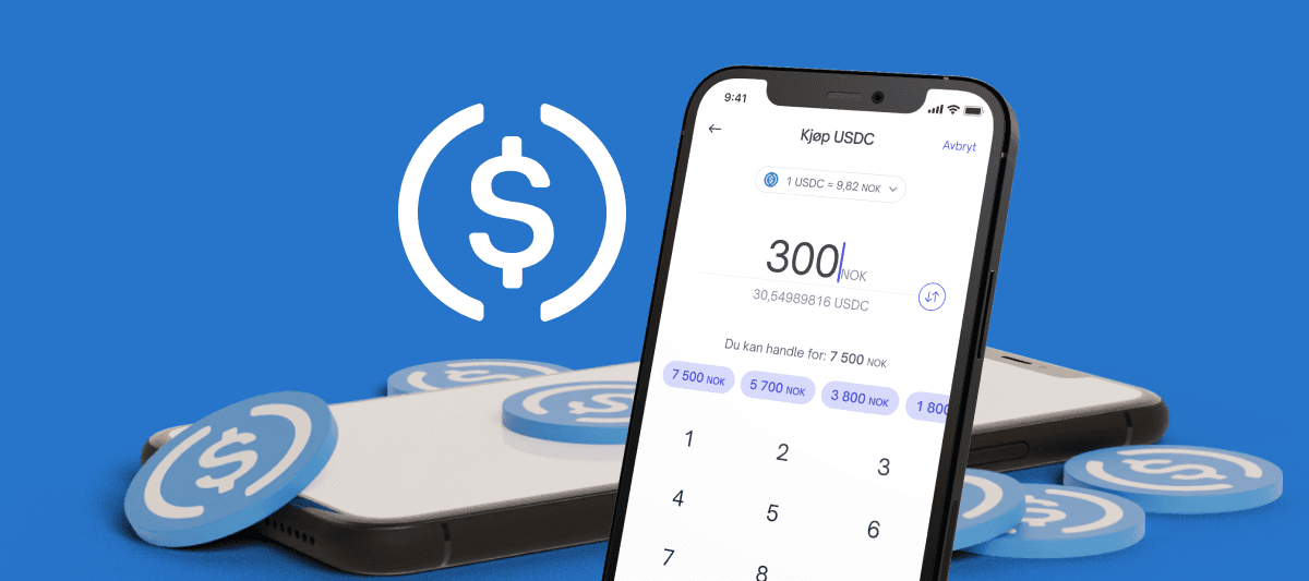 Mobiltelefon med Firi der du kan kjøpe USD Coin (USDC)